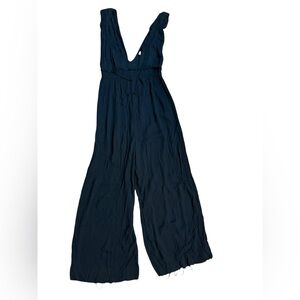 Free People Black Wide Leg Jumpsuit Deep V Neck Boho Flowy Silhouette Sz S